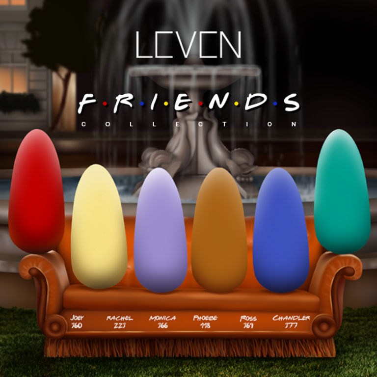 A collection inspired by the popular show. It is a depiction of 6 nails sitting on a sofa just like friends.