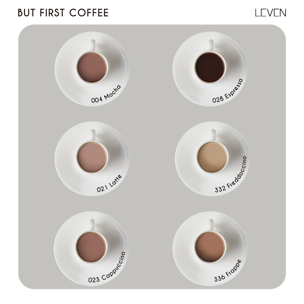 Leven nail polish collection but first coffee. Brownish tones for your daily needs.